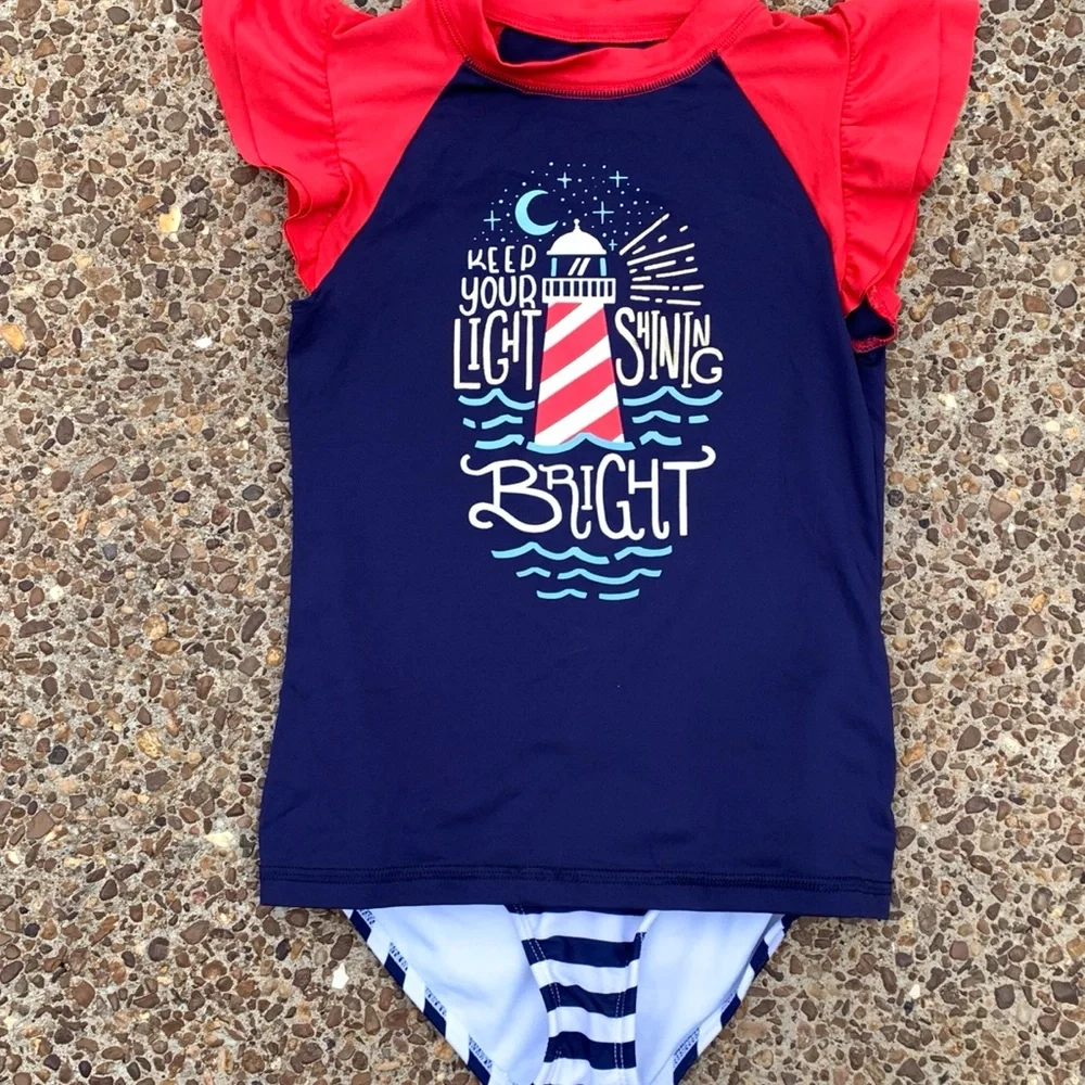 Cat & Jack Red White Blue Bikini & Rashguard Swim Set 6/6x - Picture 5 of 6